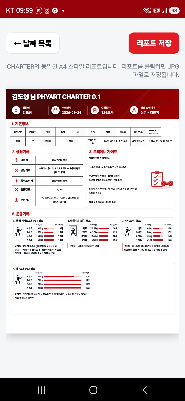 회원 운동리포트 화면